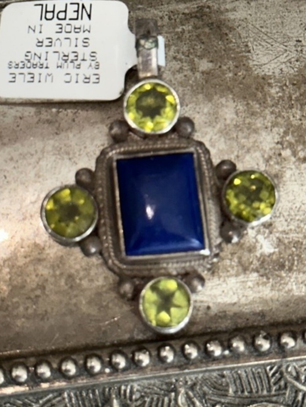 Sterling Silver Pendant with Lapis Center and Peridot Accent Stones
